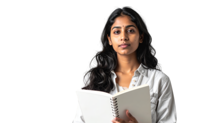 Woman absorbed in reading, a serene moment with book against minimalist wall backdrop