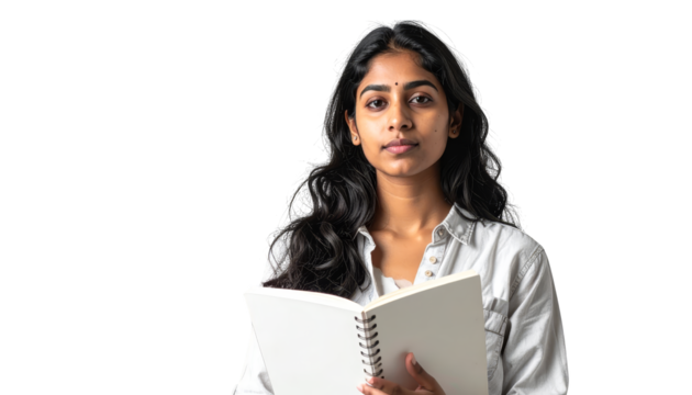 Woman absorbed in reading, a serene moment with book against minimalist wall backdrop