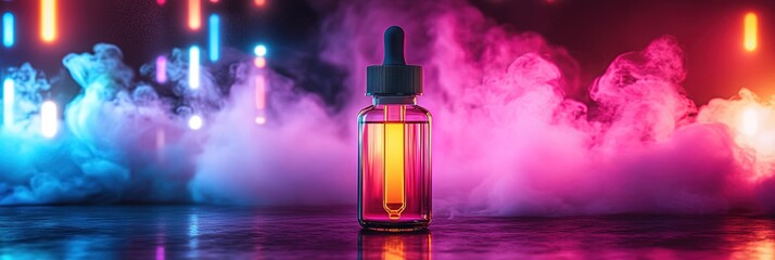 E-liquid bottle in vibrant neon lighting