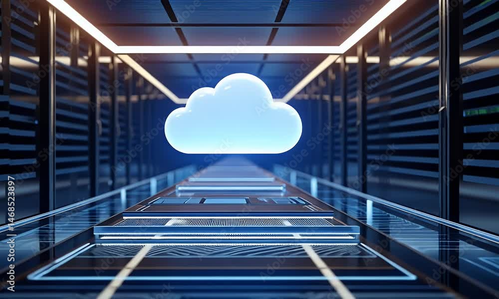 Poster 3d render of a cloud server room with glowing neon lights, an abstract futuristic background. a digi