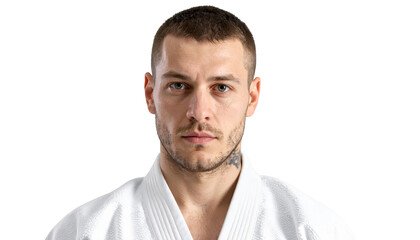 A serious-looking young man with short brown hair and blue eyes, wearing a white martial arts uniform, is shown from the chest up against a white background