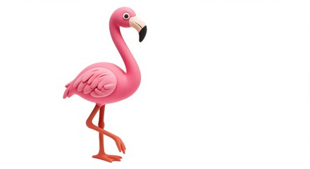 Pink flamingo crafted from clay, standing gracefully on one leg, isolated against a bright white background, perfect for summer designs and children's illustrations