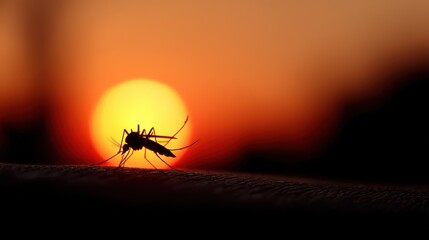 Dramatic silhouette of a mosquito captured against the backdrop of a vibrant glowing sunset with an ethereal atmospheric
