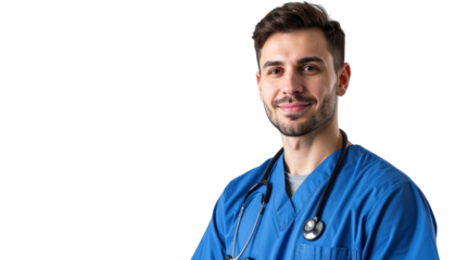Confident male doctor in blue scrubs, a portrait of healthcare professionalism and expertise in medical field