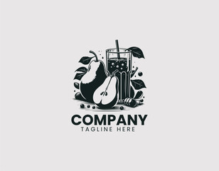 Fototapeta premium Refreshing Pear Juice in Clear Glass Surrounded by Fresh Pears Vector Logo Design, Cool Pear Juice Clear Glass Fresh Pear Fruit Logo Vector