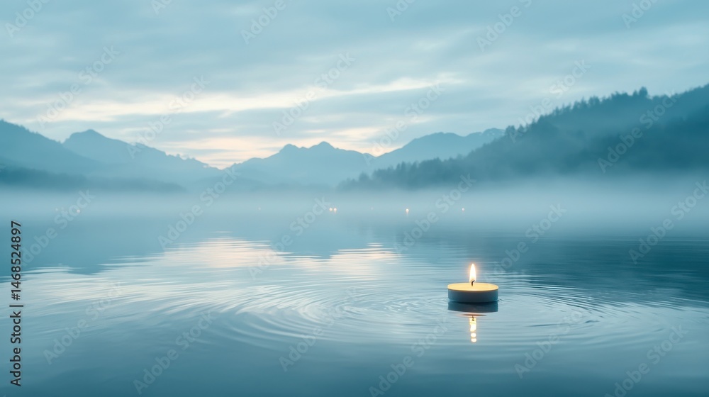 Poster a tranquil mountain lake at dusk with a gentle mist hovering over the still waters and a small boat 