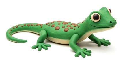 Fototapeta premium Playful Green Gecko Sculpture Adorned with Brown Spots A Charming Reptile Figurine Crafted from Clay a Whimsical Wildlife Art Piece Perfect for Children's Decor and Educational Resources