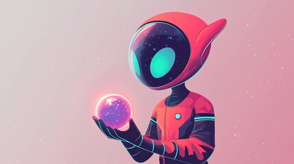 Fototapeta premium Cute Astro-Bot Holds Cosmic Orb