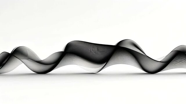 A black, undulating, ribbon-like form, composed of fine parallel lines, flows horizontally across a bright white background, creating depth