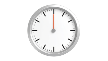A simple analog clock with a silver frame, white face, black hour and minute markers, and a red second hand shows the time at twelve o'clock.