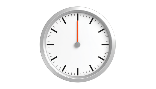 A simple analog clock with a silver frame, white face, black hour and minute markers, and a red second hand shows the time at twelve o'clock.