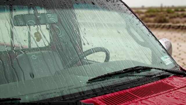 Rain Splattered Windshield of a Red Pickup Truck Parked Near the Beach