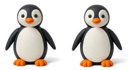 Obraz premium Two Adorable Clay Penguins Standing Side by Side on a White Background, Perfect for Children's Illustrations and Educational Materials, Cute and Playful
