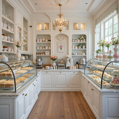 Fototapeta premium A charming, pastel-themed bakery with elegant white cabinetry, neatly displayed cakes and sweets, and a warm, inviting atmosphere 1:1