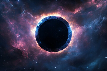 Cosmic black hole encircled by vibrant nebulae.