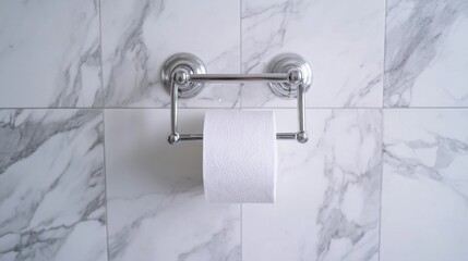 Close-up of a toilet paper roll on a simple chrome holder attached to white tiles