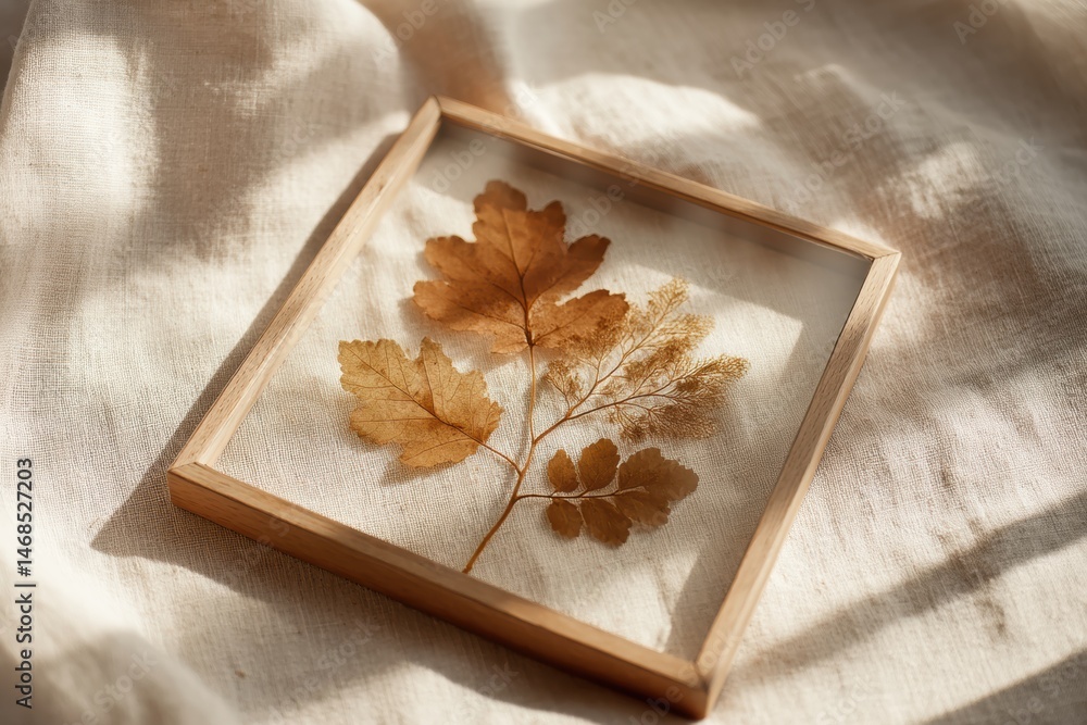 Poster pressed leaves in a glass frame resting on a soft linen cloth with gentle sunlight filtering through