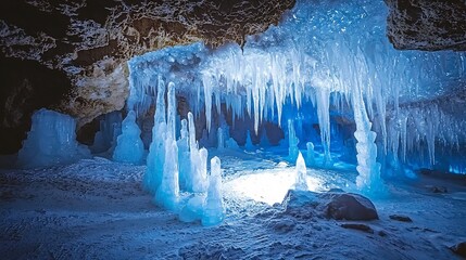 Icy cave glowing crystal stalactites deep blue light emanating from the walls cinematic frozen wonderland