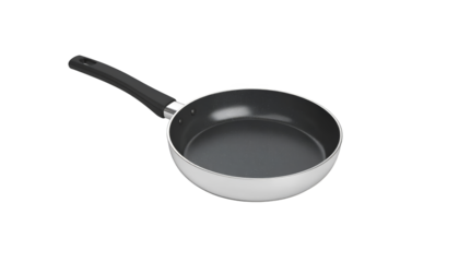 Closeup of a shiny metal pan with handle on blue and green plaid tablecloth 
