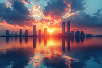 Miami skyline at sunset, vibrant colors reflect in the water, creating a stunning and picturesque view.