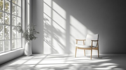 Minimalist White Interior with Wooden Chair Vase and Sunlight Through Window