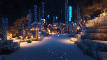 Icy crystal caves sparkling walls and glowing stalactites cinematic frozen wonderland