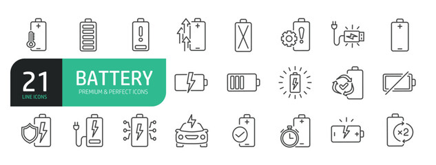 Battery charger icon set. Collection of Mobile Charging, Electricity, Car Electric, Cable Charging, Solar Battery, and more.