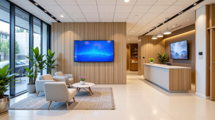 Fototapeta premium Modern and Stylish Office Lobby with Comfortable Seating and Contemporary Design Elements in a Bright Environment