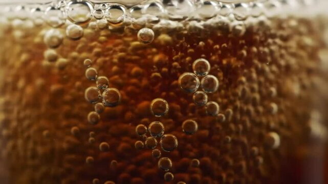 Bubbling Beverage: Refreshing Dark Drink with Sparkling Bubbles in Macro Detail