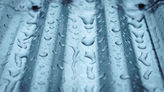 Raindrops on Corrugated Metal: Close-up of Refreshing Moisture on Weathered Surface