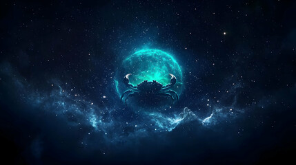 Cosmic Crab Silhouette On Glowing Moon In Space