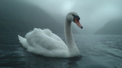 Naklejka premium silent swan gliding on misty lake