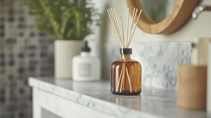 Fototapeta premium Scented reed diffuser with amber bottle placed on a marble bathroom shelf