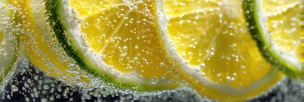 Poster lemon slices in sparkling water create refreshing bubbles in a macro view for a bright and vibrant d