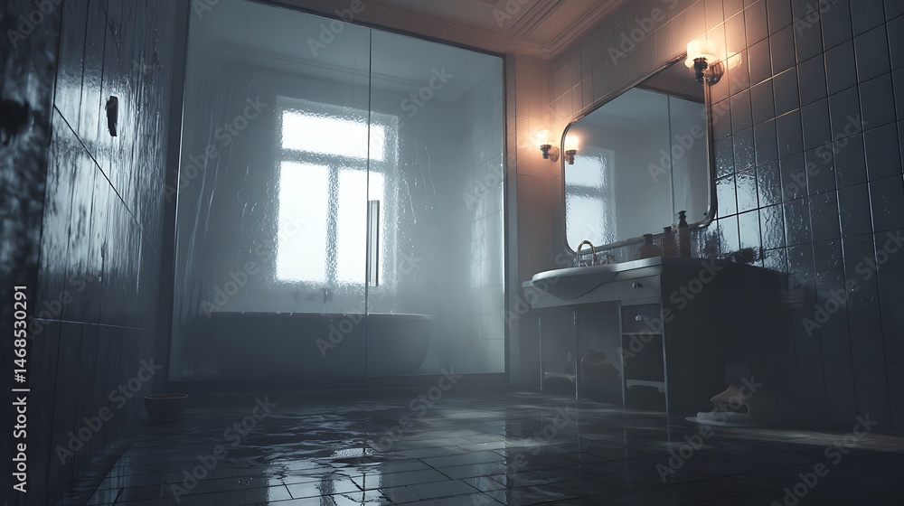 Poster foggy bathroom with moisture on tiles and mirror in a humid setting showcasing realistic textures an
