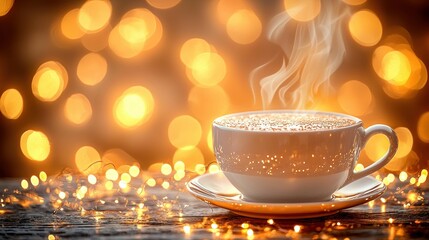 Obraz premium Warm drink in a cup with steam against bokeh lights