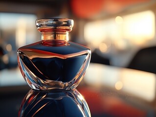 Luxurious Perfume Bottle Elegant Fragrance Golden Cap Glass Reflection Still Life Dark Background