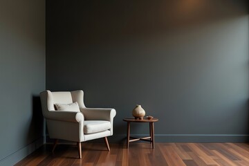 Elegant interior armchair side table dark walls