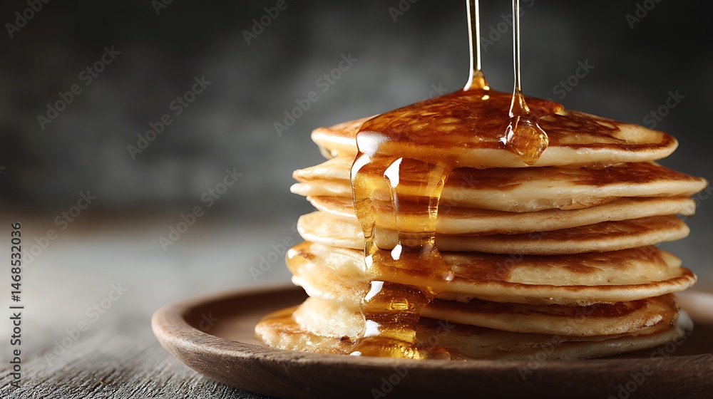 Poster fresh pancakes on table with syrup dripping and grey background
