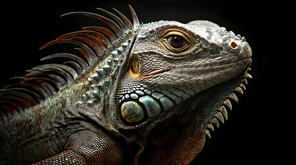 Fototapeta premium Close Up Portrait Of Iguana Head Against Dark Background