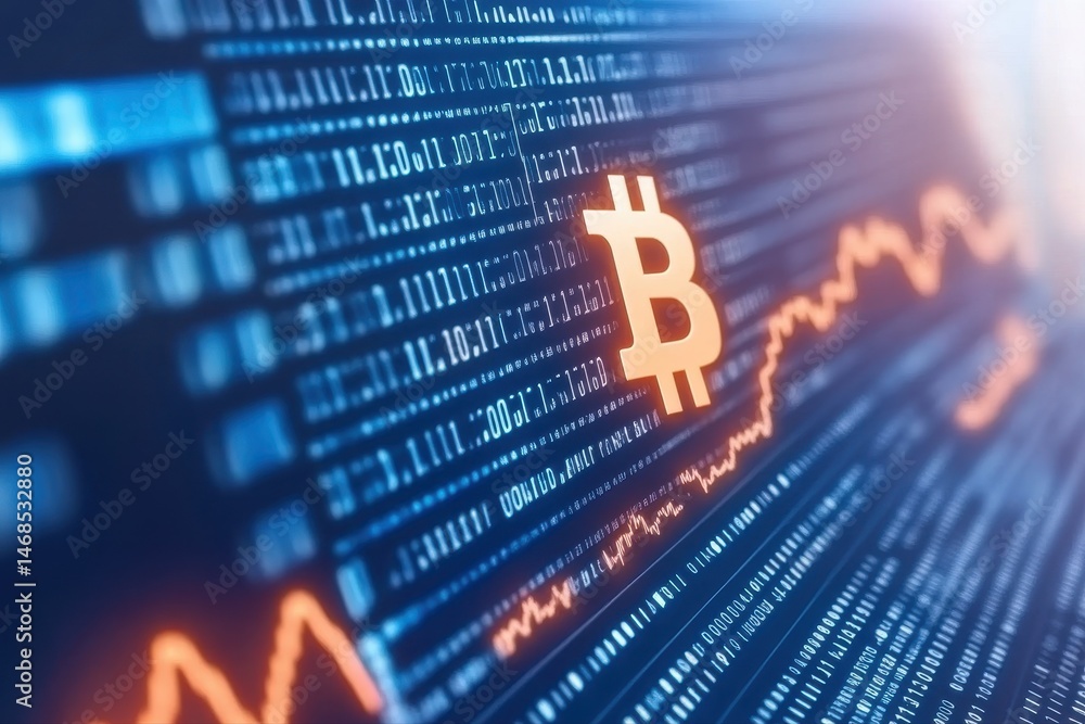 Aufkleber golden bitcoin symbol with price chart on digital matrix technology display.