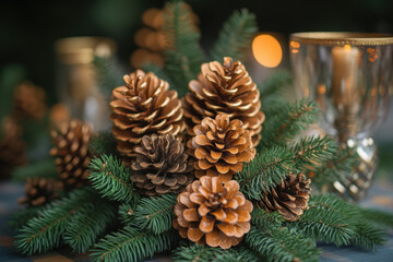 Pine cones scattered on a table.