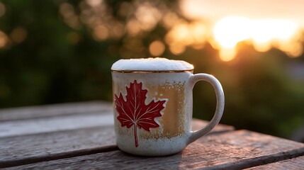 Maple leaf mug with frothy beer on rustic table, celebrating Canada Day with warmth and cheer