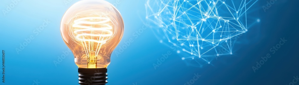Poster bright lightbulb illuminates complex digital network connection on blue.