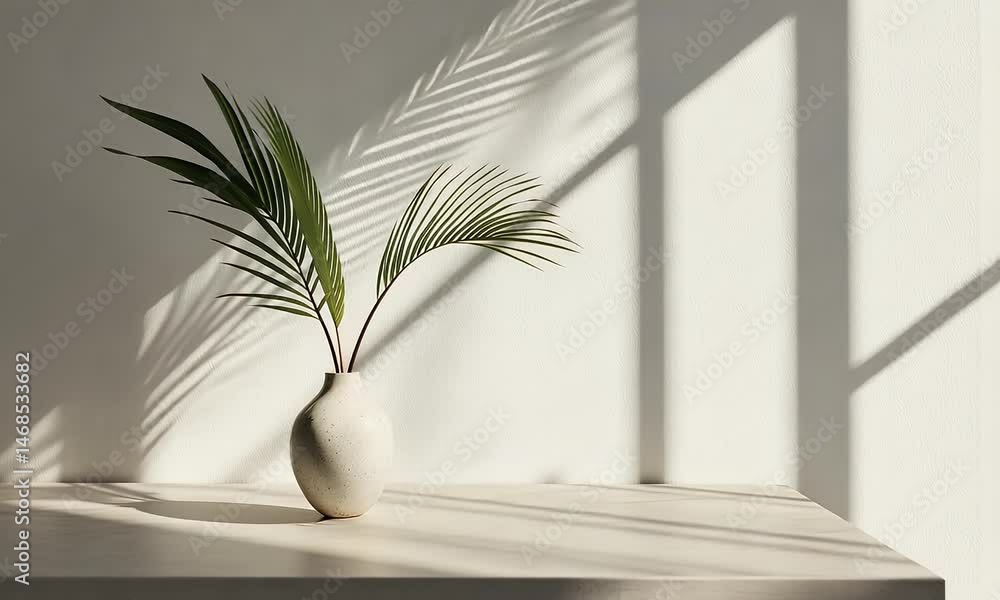 Poster close-up of a simple wooden table with vases and plants on it, an empty wall behind the table, sunli