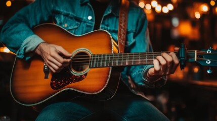 Fototapeta premium Close up of a Person Playing Acoustic Guitar in a Warmly Lit Setting