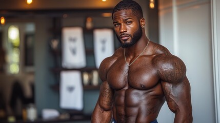 Fototapeta premium Muscular Man Posing Confidently in a Modern Gym Environment