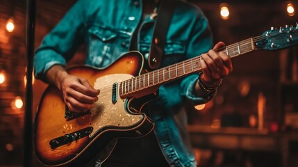 Fototapeta premium Musician Playing Vintage Electric Guitar in Warm Lit Venue Close up Shot