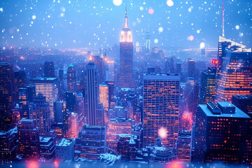 Fototapeta premium Snowy Cityscape at Night with Illuminated Buildings
