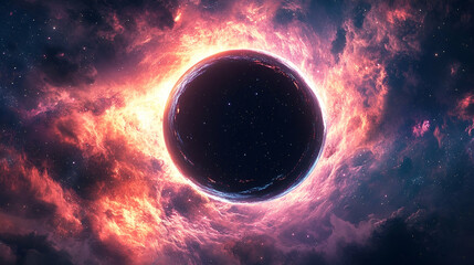 Cosmic void encircled by fiery nebulae in a stellar expanse.